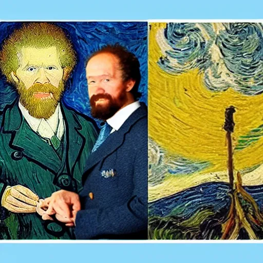 Image similar to ! bob ross! at his easel, painting a van gogh picture