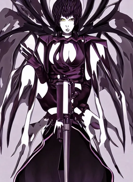 Prompt: shin megami tensei art of a demon called margaret!!! thatcher!!!, art by kazuma kaneko, demonic! compedium!, digital drawing, law demon, white background, high quality, highly detailed