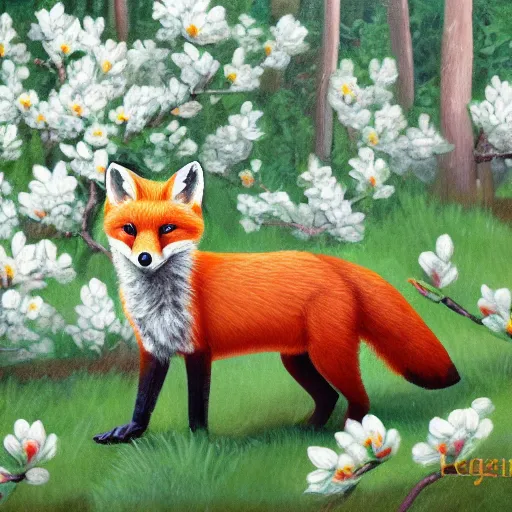 Image similar to cute small red fox in the middle of a white magnolia forest, wide shot, fantasy, oil on canvas