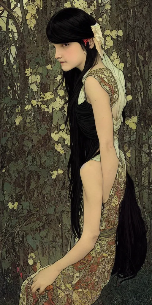 Image similar to a lonely young girl with straight long black hair wearing black dress that sitting on bathroom floor, art by artgem, greg rutkowski and alphonse mucha