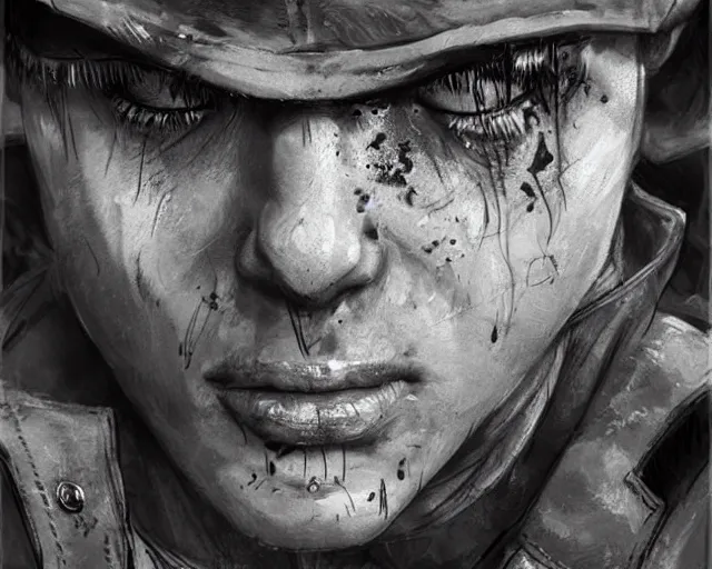 Prompt: A soldier in despair in a world war 1 trench, close-up, realistic face, beautiful face detail, black and white, amazing digital art, hyper detailed, artstation, in the style of Tony Sart