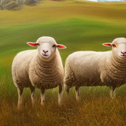 Prompt: three sheep in a field of grass, among the hills, highly detailed, deep focus, photorealistic oil painting, smooth, sharp focus, ultra realistic, 8 k