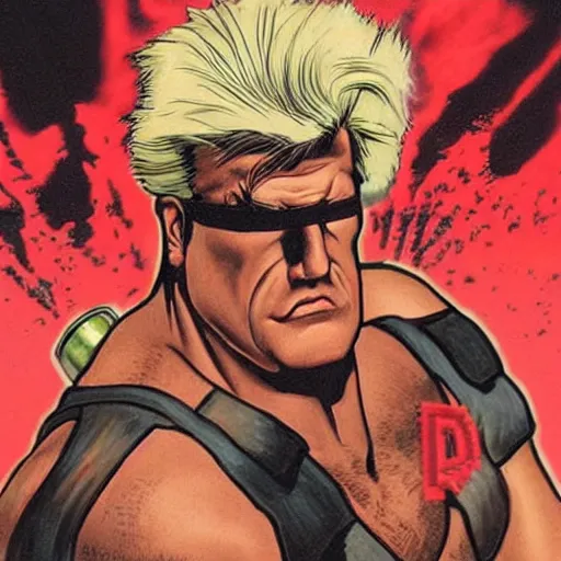 Image similar to Duke Nukem doing the Bateman stare, red tank-top, Duke Nukem 90s cover art