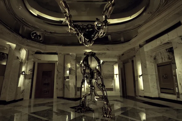 Image similar to cyborg - pitbull in a marble hotel lobby, in 2 0 5 5, y 2 k cybercore, industrial low - light photography, still from a ridley scott movie