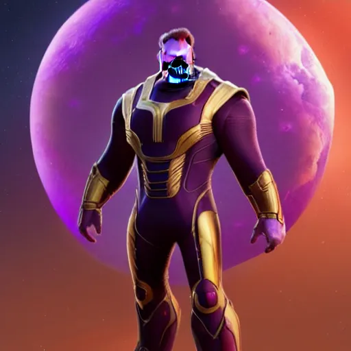 Image similar to a full body portrait of elon musk as thanos, the pixar adaptation, with same hairstyle, hyper detailed, digital art, trending in artstation, cinematic lighting, studio quality, smooth render, unreal engine 5 rendered, octane rendered