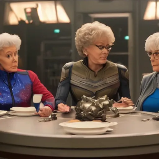 Image similar to Avengers Endgame (2019) played by the the Golden Girls, 8K, 4K, action shot, movie still, cinematic