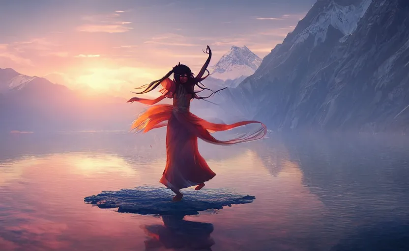 Image similar to Himalayan priestess dancing on water, beautiful flowing fabric, sunset, dramatic angle, 8k hdr pixiv dslr photo by Makoto Shinkai ilya kuvshinov and Wojtek Fus