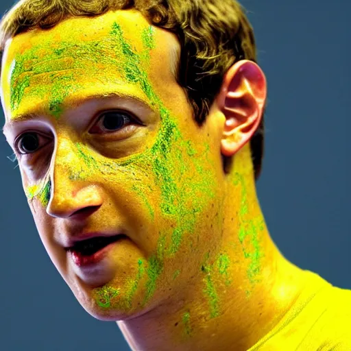 Prompt: Mark Zuckerberg with bright yellow and porous looking skin