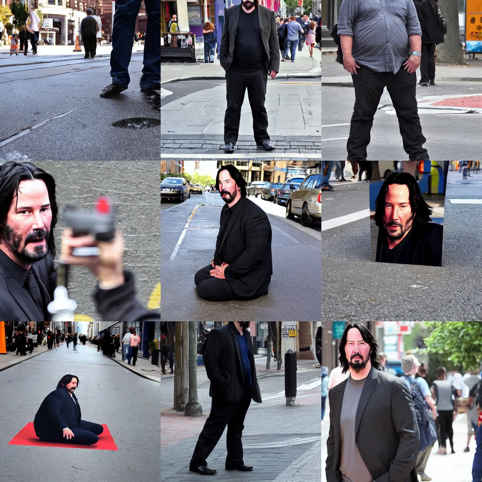 Prompt: fat keanu reeves very sad on the pavement, real photograph on the street, close up shoulder height shot