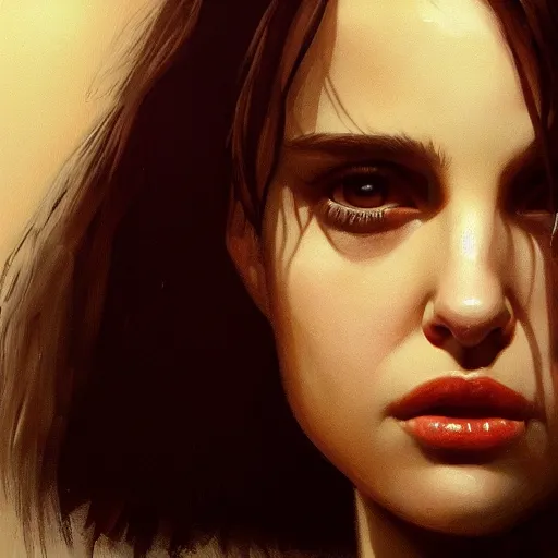 Image similar to closeup portrait of a young natalie portman, matilda from leon the professional, dramatic light, gorgeous view, depth, high detail, digital art, painted by greg rutkowski and seb mckinnon, by tim burton, trending on artstation