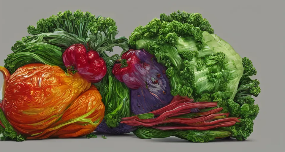 Prompt: a beautiful painting of a anamorphic vegetable, gigantic, octane render, brilliantly coloured, intricate, ultra wide angle, trending on artstation, 8k