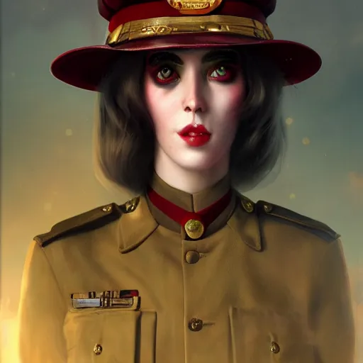 Prompt: gorgeous happy devil in military uniform by tom bagshaw, by beeple, soft lighting, solid background,