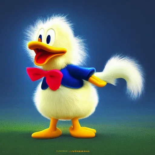 Image similar to cutie fluffy creature donald duck, digital art, 3 d, octave render, masterpiece, mega detailed, pixar, disney, vivid illustration, cartoon, fantasy, by george stubbs, artgerm, in the style of ghibli kazuo oga, pastel fur