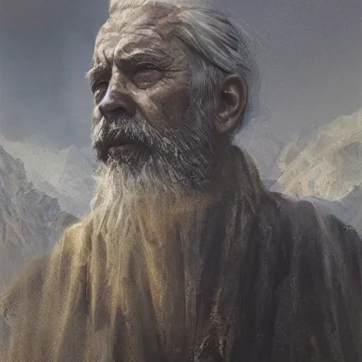 Image similar to portrait of an old man with a silver gray beard and ragged robes knelt down on the peak of a mountain writing on a stone, the sky above is wreathed in flames, by Jeremy Mann, realistic, detailed, ancient, digital art, apocalyptic, earth tones, dramatic, cinematic lighting