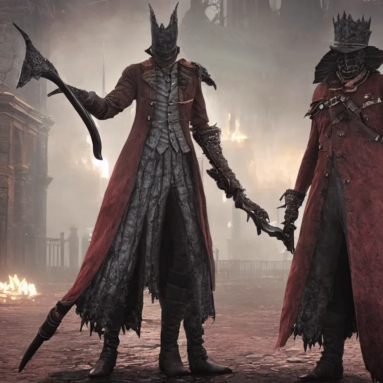 Prompt: An upset Bloodborne character standing outside of a Burger King