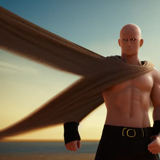 Image similar to onepunchman in sand beach look at me, 8 k, octane render, unreal engine 5, cinematic, full hd, ultra realistic, ultra detailed, 8 k 3 d