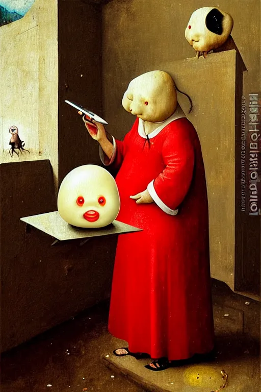 Image similar to hieronymus bosch, greg rutkowski, anna podedworna, painting of small extremely fat white blobfish with bright red hair smiling at a laptop