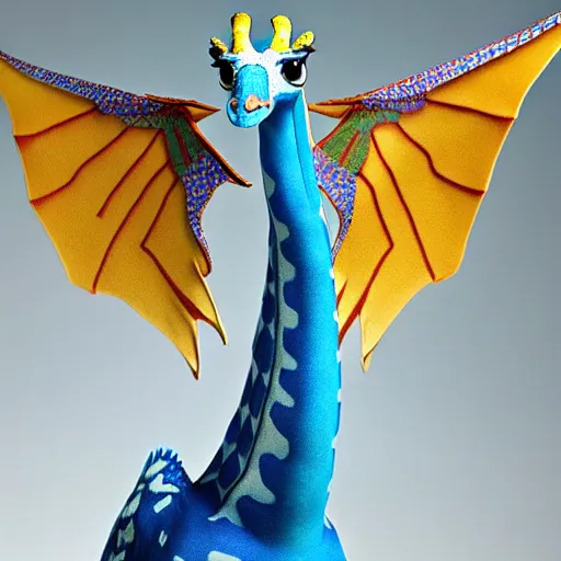 Image similar to giraffe with big blue feathered dragon wings on its back, full body shot, wings, by studio ghibli