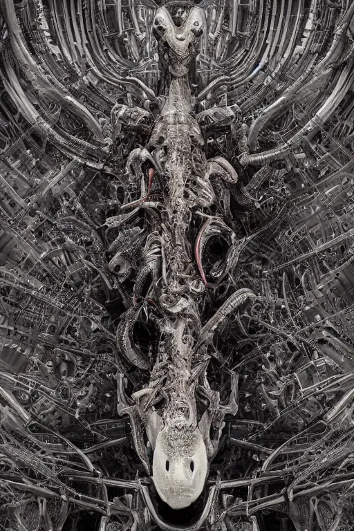 Image similar to H R Giger llama head landscape emanating centered bio mechanical cyborg llama head emerging, Giger background, evangelion beast mode, dramatic dynamic lighting, intricate, very very elegant, hyper detailed fractal interconnected tubes background by giger, digital painting, artstation, megastructure, very hyperrealistic, very very very HR GIGER, very beautiful, concept art, smooth, sharp focus, illustration daily deviation