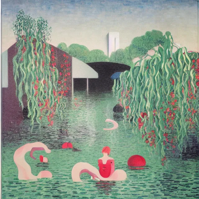 Prompt: painting of flood waters inside an art gallery, sensual female emo art student, a river flooding indoors, pomegranates, pigs, ikebana, water, octopus, river, rapids, waterfall, black swans, canoe, berries, acrylic on canvas, surrealist, by magritte and monet