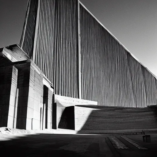 Prompt: black and white photograph of an intimidating and mysterious brutalist cathedral built into the side of a Himalayan mountain at a high elevation, designed by I.M. Pei and Giger, cinematic lighting, dramatic masterpiece