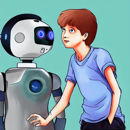 Prompt: A boy holding hands with a female robot, trending on art station science fiction