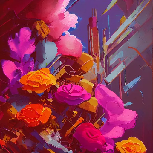 Image similar to a graph style gauche impasto oil paint flowers, steampunk art by james gilleard, cgsociety, retrofuturism, synthwave, retrowave, outrun, autumn color.