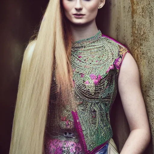 Prompt: 3 5 mm coloured film portrait of sophie turner wearing kebaya, hyperrealism, photorealistic, detailed, atmospheric, 8 k, award winning photography, cinematic