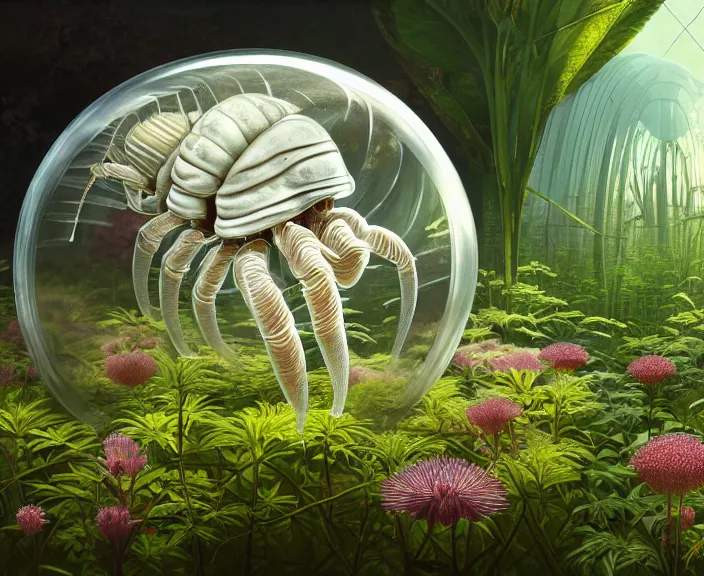 Image similar to simplicity, transparent clear see - through image of isopods, lush botany, flowers, industrial plant environment, ultra realistic, concept art, photorealistic, octane render, 8 k, unreal engine. art by gustave dore and nori inoguchi and sam kaplan and zachary goulko and christopher marley and artgerm and alphonse mucha