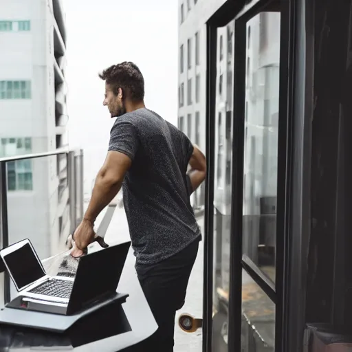 Prompt: a pumped up guy is standing, his back is turned, he's wearing a black t - shirt, he's on a hotel balcony, it's raining behind him, a laptop is lying next to him, the light from the laptop is hitting the guy