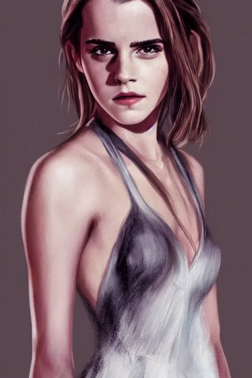 Image similar to emma watson dress decalte, hyper realistic, artstation
