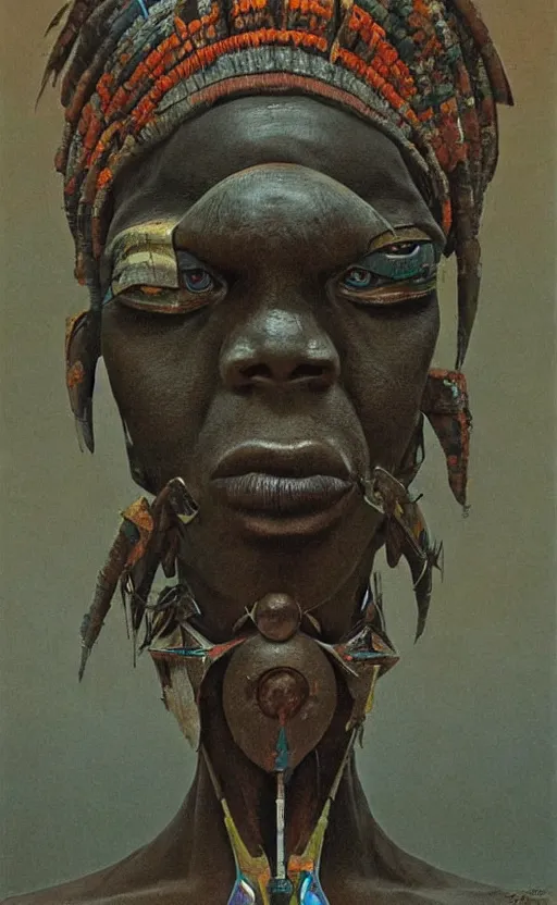 Image similar to portrait of african tribal chief wearing mecha head gear, symmetrical, dramatic lighting, art by zdzislaw beksinski,