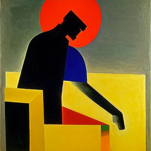 Image similar to melancholic complex suprematism painting of mechanic formed figure working on an sphere machine in height by malevich, throwing hard long shadows in complex construct room by edward hopper vibe, liminal space, oil on canvas