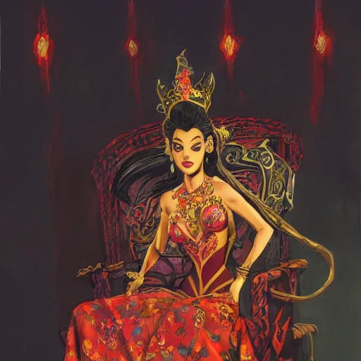 Image similar to an illustration of a dark queen on a throne, oriental, arabic, at night by marc davis, realistic, gouache, painting