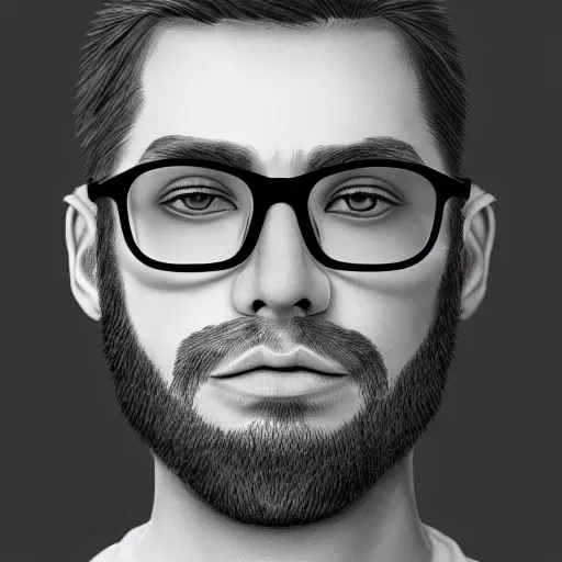 Prompt: an ultra detailed portrait of a young man with brown hair, green eyes, glasses, and a short beard, hyper realism, highly detailed, photograph, 8 k