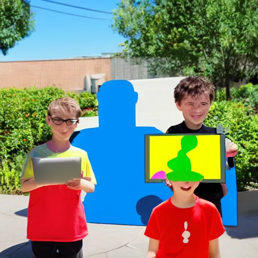 Image similar to photo of (kids with computers)!! outside in the sun, large roblox!! shapes floating all over, bright colors