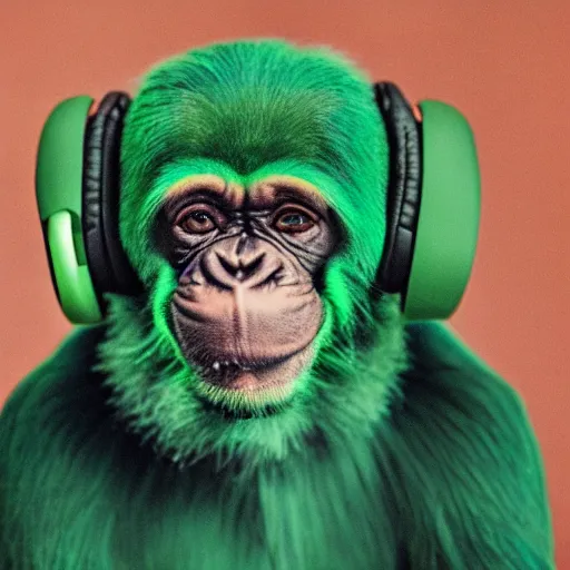 Image similar to a photo of a green chimp wearing headphones