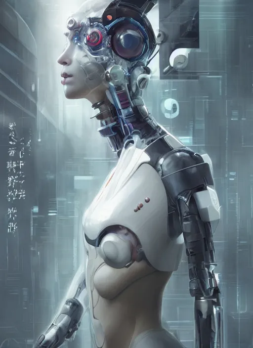 Prompt: portrait of a futuristic geisha cyborg, matte painting, cinematic lighting, unreal engine, in the style of ghost in the shell, kintsugi, modern fine art, fractal, intricate, elegant, highly detailed, digital photography, subsurface scattering, by jheronimus bosch and greg rutkowski,