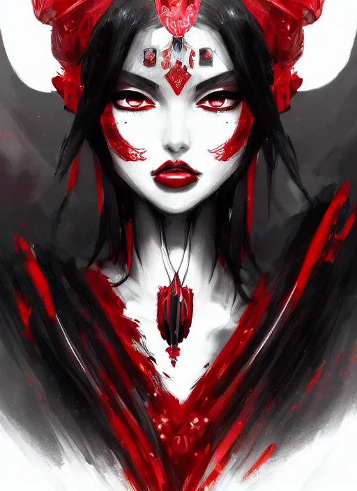 Image similar to a highly detailed illustration of beautiful black long hime cut hair woman wearing a red battle dress, red eyes, dramatic smile pose, intricate, elegant, highly detailed, centered, digital painting, artstation, concept art, smooth, sharp focus, league of legends concept art, WLOP