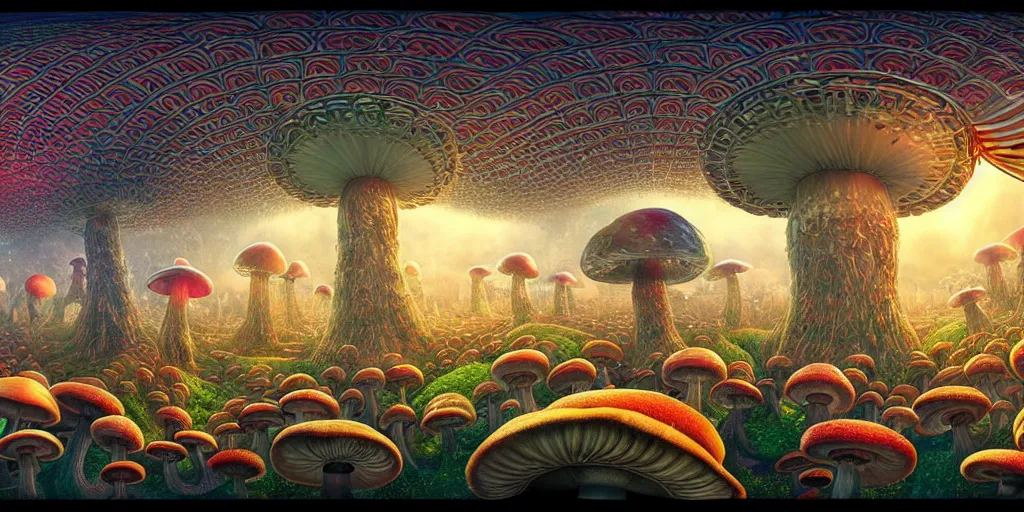Image similar to 360 degree panoramic, anthropomorphic mushroom carnival attractions portrait, Art Deco nature, fantasy, intricate art deco mushroom designs, elegant, highly detailed fractals, sharp focus, fractal big top, equirectangular, 360, panoramic equirectangular, art by Artgerm and beeple and Greg Rutkowski and WLOP
