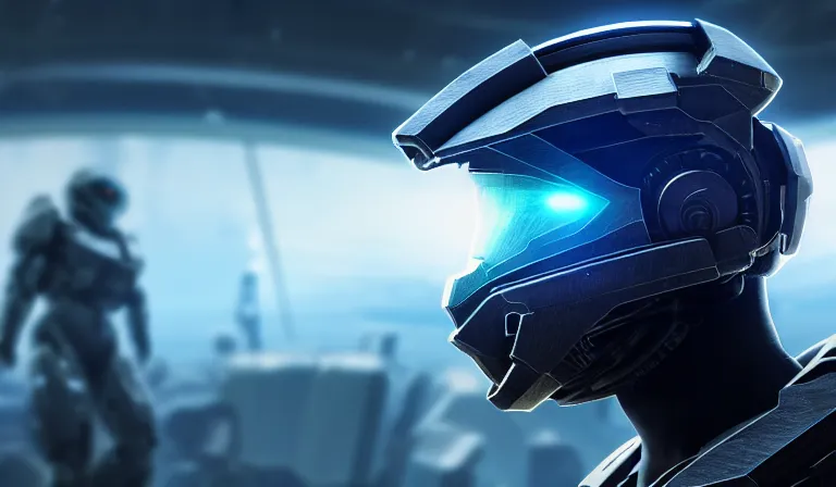 Image similar to cyberpunk halo helmet on space, close shot, reflection, epic, dramatic, cinematic, award winning, ultra detailed, realistic, 8k,