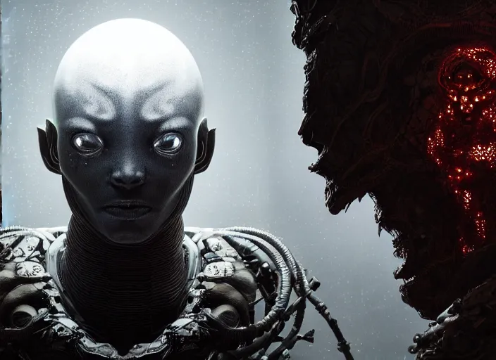 Prompt: a mysterious translucent space alien, african face, eerie shimmering surroundings, concept art, intricate, detailed, award - winning, cinematic, octane render, 8 k, photorealistic, unreal engine, by tsutomu nihei, by emil melmoth, by gustave dore, by craig mullins, by yoji shinkawa