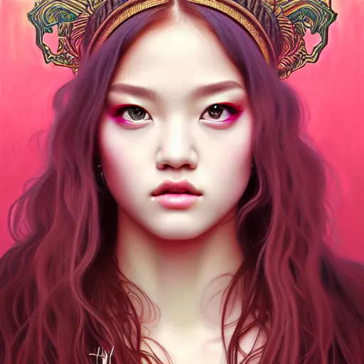 Prompt: portrait of jossi of blackpink, goddess of hell, highly detailed, digital painting, smooth, sharp focus, illustration, ultra realistic, 8 k, art by artgerm and alphonse mucha