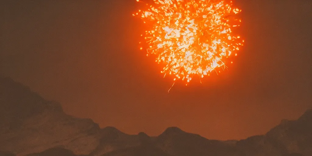 Prompt: giant fire ball attack comes from mountains, back view, 5 0 mm bokeh, night, epic, dramatic, realistic, 8 k, high details