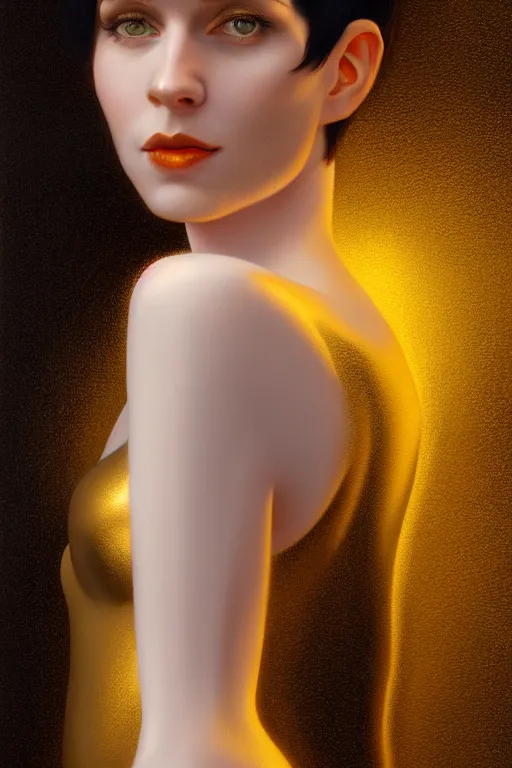 Image similar to Portrait of a beautiful pale skin Nordic female with short black hair, elegant, photorealistic, highly detailed, artstation, smooth, sharp focus, gold ornaments, neon lighting, sci-fi, art by Klimt.