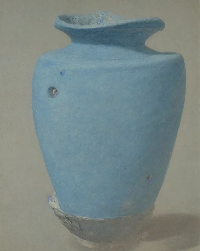 Image similar to achingly beautiful print of solitary painted ancient greek amphora on baby blue background by rene magritte, monet, and turner. sculpted, flat.
