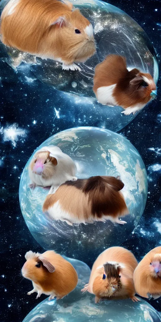 Image similar to ultra realistic guineapigs floating in space suits floating in space on the cover of vogue magazine, 4 k, 8 k, nebula, universe, many stars, space station