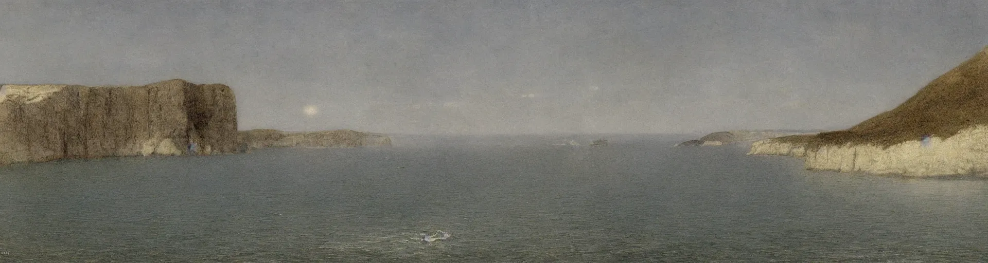Image similar to black cliffs over water by Fernand Khnopff, matte painting