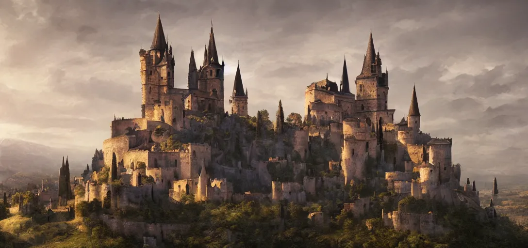 Prompt: castle with pointed spires, lourmarin, landscape, alex ross, eddie mendoza, raphael lacoste, sebastian ludke, concept art, matte painting, highly detailed, rule of thirds, dynamic lighting, cinematic, detailed, magnificiant landscape, denoised, centerd