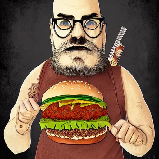 beard man angry with italian burger. symmetrical | Stable Diffusion ...